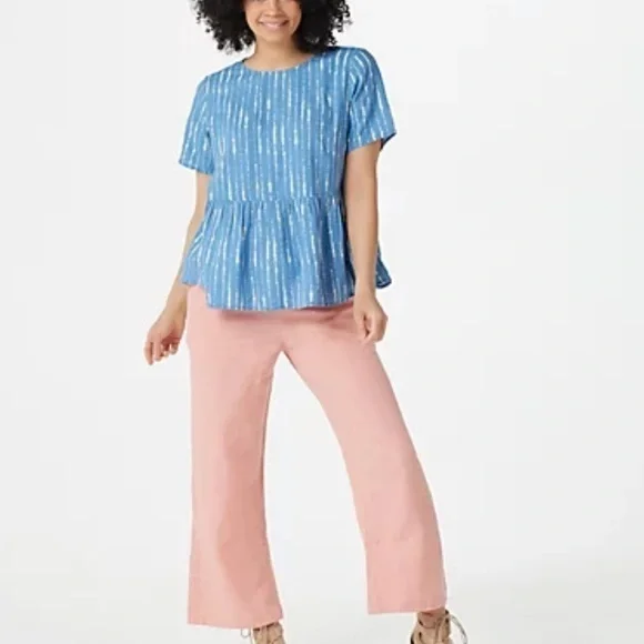 Denim & Co. Naturals Printed Linen Blend Peplum Blouse Plus Size 2X Blue/White - Picture 3 of 11